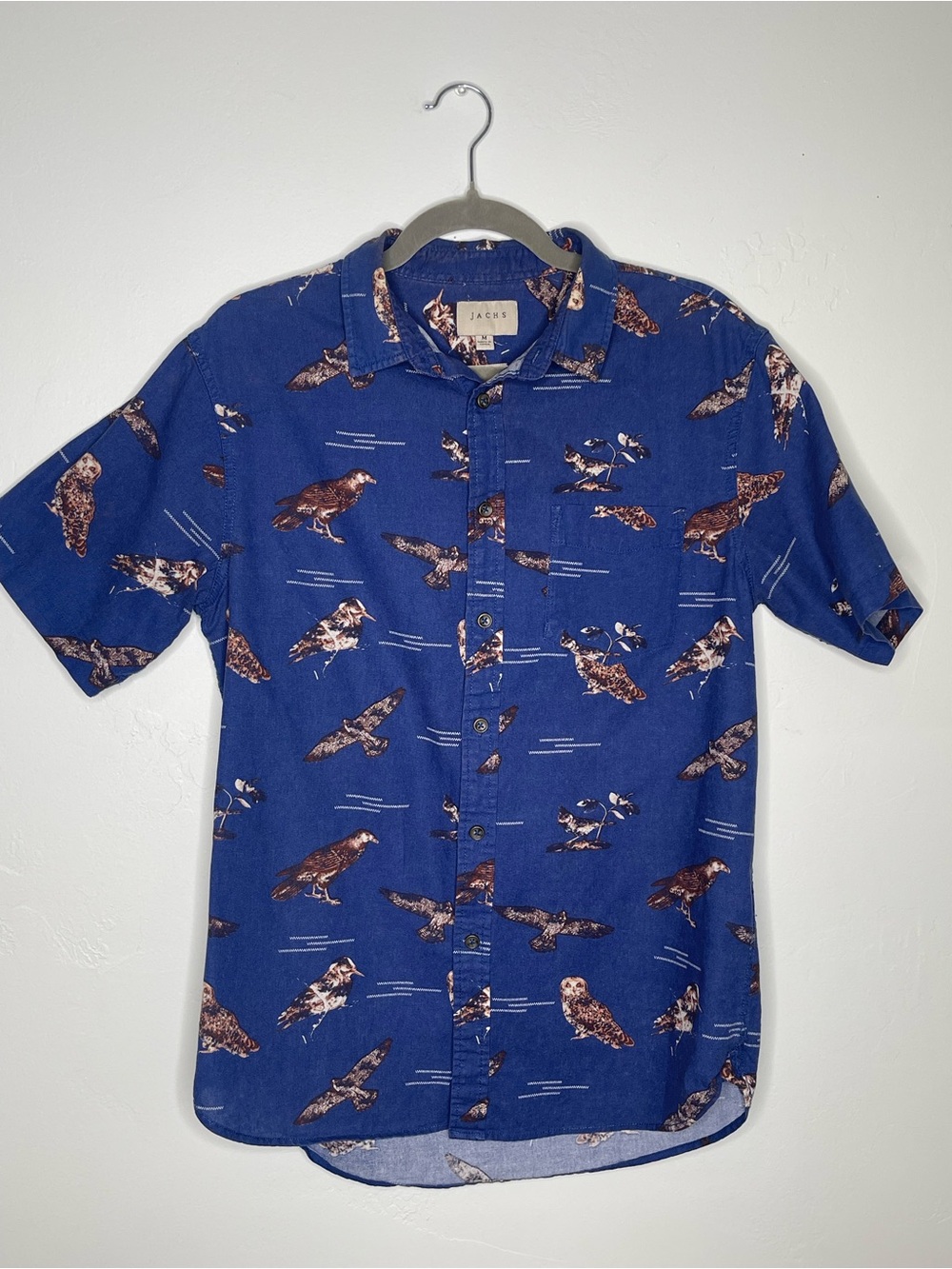 Jachs Navy Short-Sleeve Button-Down Shirt with Brown Bird Print